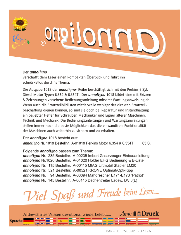 Perkins 6 Zylinder Diesel Motor Typen 6.354 & 6.354 T Bild- Bedienungsanleitung & Wartungsanweisungen - annoligno 1018